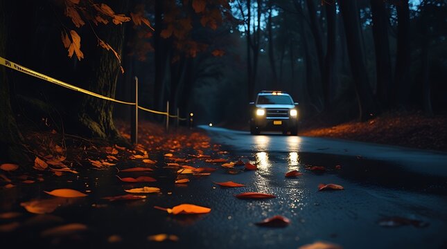 A cinematic and moody autumn night scene with fallen leaves scattered on a wet road, illuminated by headlights of a car in the distance, creating a suspenseful and atmospheric setting in the forest