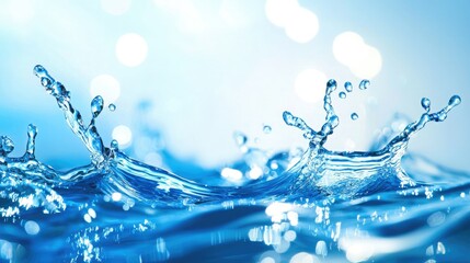A close-up of water droplets splashing on a blue background, creating a serene and refreshing atmosphere.