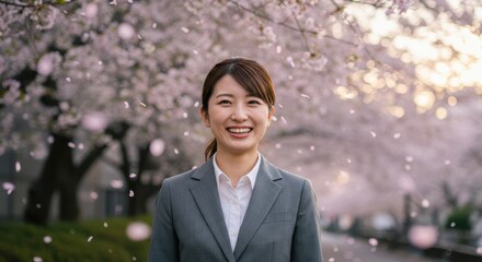 Professional woman smiling under cherry blossoms in springtime