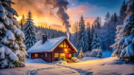 Fototapeta premium Rustic winter wonderland cottage, snowy landscape, holiday escape.