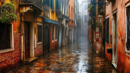 Fototapeta premium Rainy Narrow Street with Old Buildings and Rustic Aesthetic Details