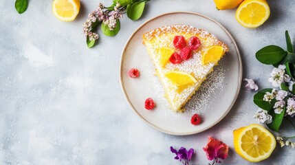 Slice of Lemon Raspberry Cake with Spring Flowers: A Refreshing Dessert