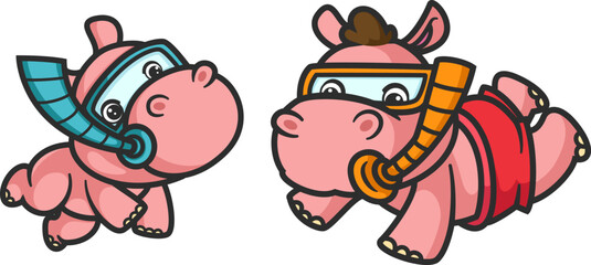 cartoon hippo and baby hippo diving and snorkeling
