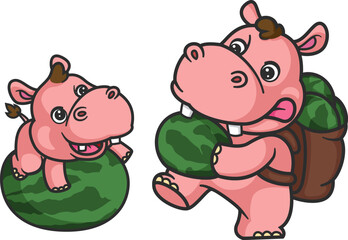 cartoon hippo and baby hippo carrying watermelon from harvest