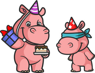 cartoon hippo and baby hippo celebrating birthday