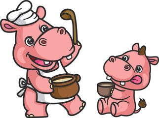 cartoon hippo and baby hippo cooking