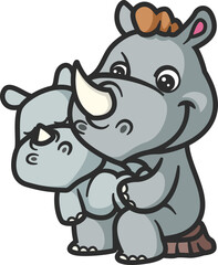 Loving mother rhino hugs its sleeping baby rhino, baby sleeping on mother laps