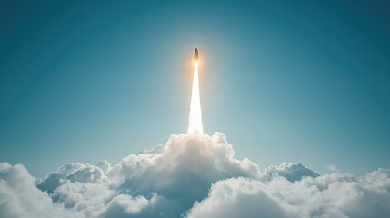 A rocket launches into the sky, piercing through clouds with a bright flame, symbolizing exploration and innovation in space travel.