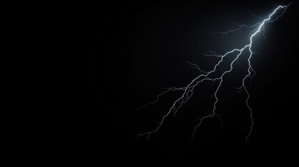Powerful lightning bolt branches across dark night sky. Vivid electric light illuminates black background. Abstract design captures energy, power of storm. Striking image perfect for tech, sci-fi,