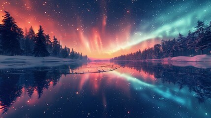 A stunning aurora borealis reflected in a serene winter landscape by a river.