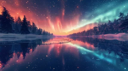 Fototapete A stunning aurora borealis reflected in a serene winter landscape by a river. © WAFIQ