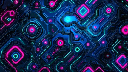 Immerse in futuristic neon circuits, featuring glowing pink and blue patterns, ideal for tech backgrounds or innovative digital designs.
