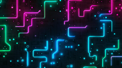 Geometric neon pathways on a sleek black canvas, showcasing vibrant innovation and modern electronic design.