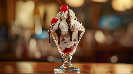 Rich layers of creamy ice cream, luscious chocolate syrup, and vibrant sprinkles topped with cherries. This sundae is a sweet escape to happiness.