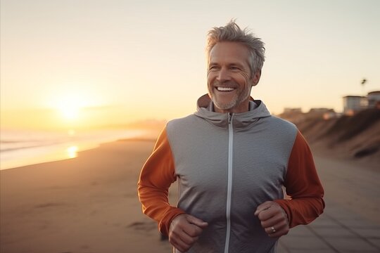 Portrait of happy senior man jogging on the beach at sunrise - Powered by Adobe