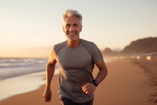 Portrait of happy senior man jogging on the beach at sunrise