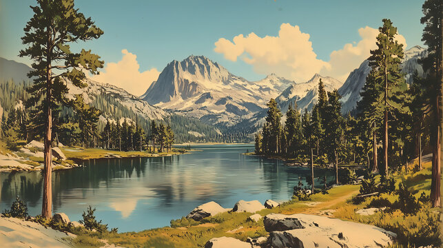 Yosemite national park vintage illustration. American travel poster postcard wallpaper background