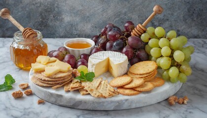 Cheese Platter with Assorted Crackers, Grapes, and Honey on a Marble Background