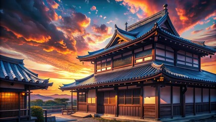 Naklejka premium Silhouetted against the night sky, a quaint, single-story Japanese restaurant evokes vintage Eastern charm in this 3D render.