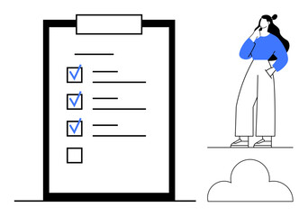 Large checklist with three checked items, contemplative woman in casual attire, cloud at the bottom. Ideal for productivity, planning, organization, goal-setting, task management, time management