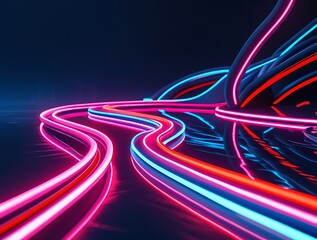 Dynamic neon light trails intertwine in a futuristic, vibrant composition, showcasing glowing pink, blue, and red lines against a dark background, representing modern technology, energy, and innovatio