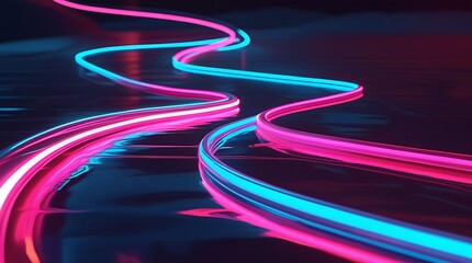 Dynamic neon light trails intertwine in a futuristic, vibrant composition, showcasing glowing pink, blue, and red lines against a dark background, representing modern technology, energy, and innovatio