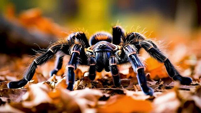 A tarantula  is crawling on  the ground  in the woods