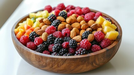 Fresh Mixed Berry and Nut Bowl on Marble Surface Showcasing Vibrant Colors and Healthy Ingredients for a Nutritious Snack or Breakfast