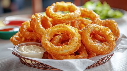 Crispy Golden Onion Rings with Dipping Sauce on a Rustic Basket for a Delicious Snack or Appetizer