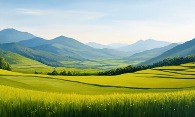Fototapeta premium Serene Landscape, Rolling Hills and Golden Fields Under a Summer Sky