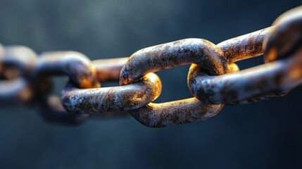 An isolated rusty chain appears to float, with the links corroded but still strong and durable, highlighting the rust and rust patterns in soft light.
