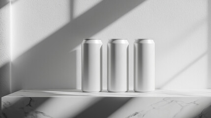 White beverage cans set in modern, shadowed lighting for sophisticated packaging mockup displays.