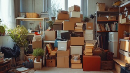 A disorganized storage room with toppled boxes and random objects everywhere 