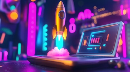 A rocket launching from a laptop, symbolizing innovation and technology.