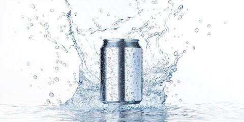 Metal beverage immersed in splashing water. Cool drink product display. Refreshing design mockup isolated on white background. Template for advertising. Mockup shows drink in water. Splashing liquid