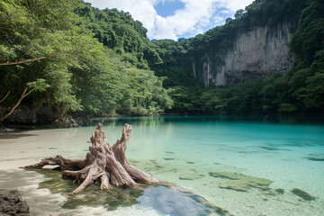 Lac dans la jungle, falaises en fond