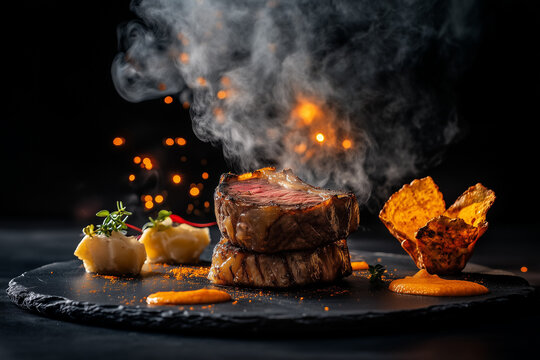 Viande grill&eacute;e fumante sur une ardoise