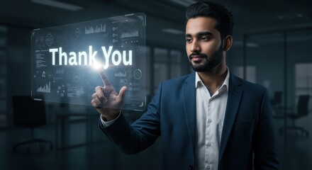 Interactive virtual interface with businessman expressing gratitude in modern office
