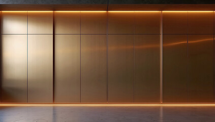 Sleek Gold Paneled Wall With Subtle Vertical Divisions And Warm Ambient Lighting Accentuating Smooth Marble Flooring For Luxurious Modern Interior Design