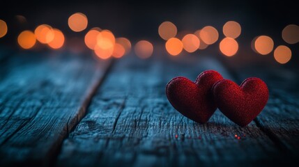 Obraz premium Two Red Glittery Hearts Resting on Rustic Wood
