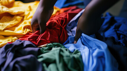 A close-up of a person sorting laundry by color, with vibrant garments neatly arranged, showcasing the preparation for washing and the importance of color separation in laundry care.