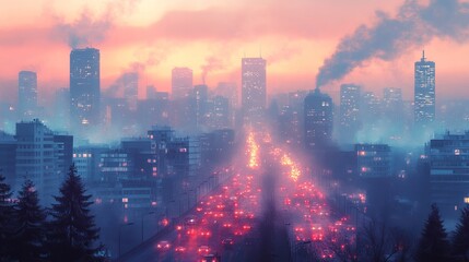 Fototapeta premium Urban Cityscape Covered in Smog with Blurred Outlines at Dusk