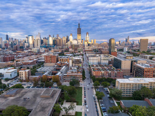 Chicago skyline, urban landscape, aerial view. City streets, buildings, and cars. Downtown,...