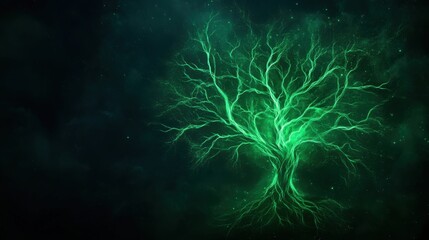 Obraz premium Glowing Green Tree with Intricate Branches Illuminating Dark Background for Artistic Backgrounds and Designs