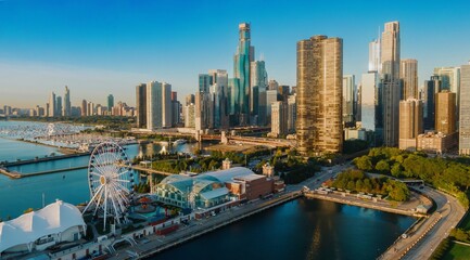 Chicago skyline, harbor, and Ferris wheel at sunrise. Cityscape, waterfront, and entertainment. Navy Pier, Chicago, Illinois, United States Of America