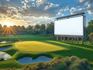 Large blank billboard stands on golf course at sunset. Empty screen for advertising. Natural setting peaceful, ideal for sport event promotion. Wooden structure complements golf course. Beautiful