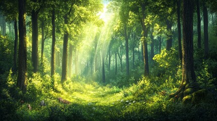 Lush Dense Forest with Tall Trees and Vibrant Greenery