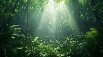Fototapeta premium Dense Forest Filled with Tall Trees and Lush Greenery Illuminated