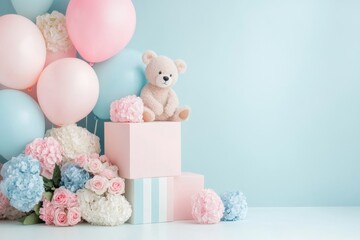 A baby first birthday invitation with adorable animal characters, balloons, and a pastel-colored circus theme