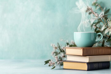 A book club invitation featuring stacked books, a steaming cup of coffee, and soft, inviting colors